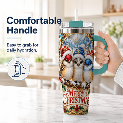 #pl[40oz|Green] Merry Christmas Birds 40oz Tumbler with Handle, Stained Glass Style Cup