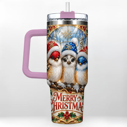 #pl[40oz|Pink] Merry Christmas Birds 40oz Tumbler with Handle, Stained Glass Style Cup