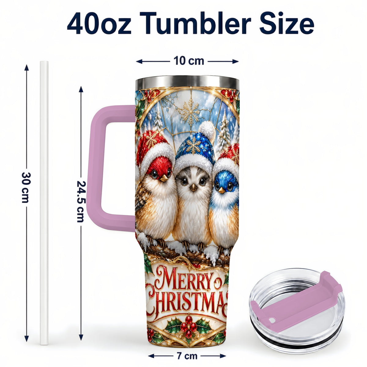 #pl[40oz|Pink] Merry Christmas Birds 40oz Tumbler with Handle, Stained Glass Style Cup