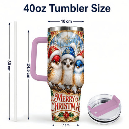 #pl[40oz|Pink] Merry Christmas Birds 40oz Tumbler with Handle, Stained Glass Style Cup