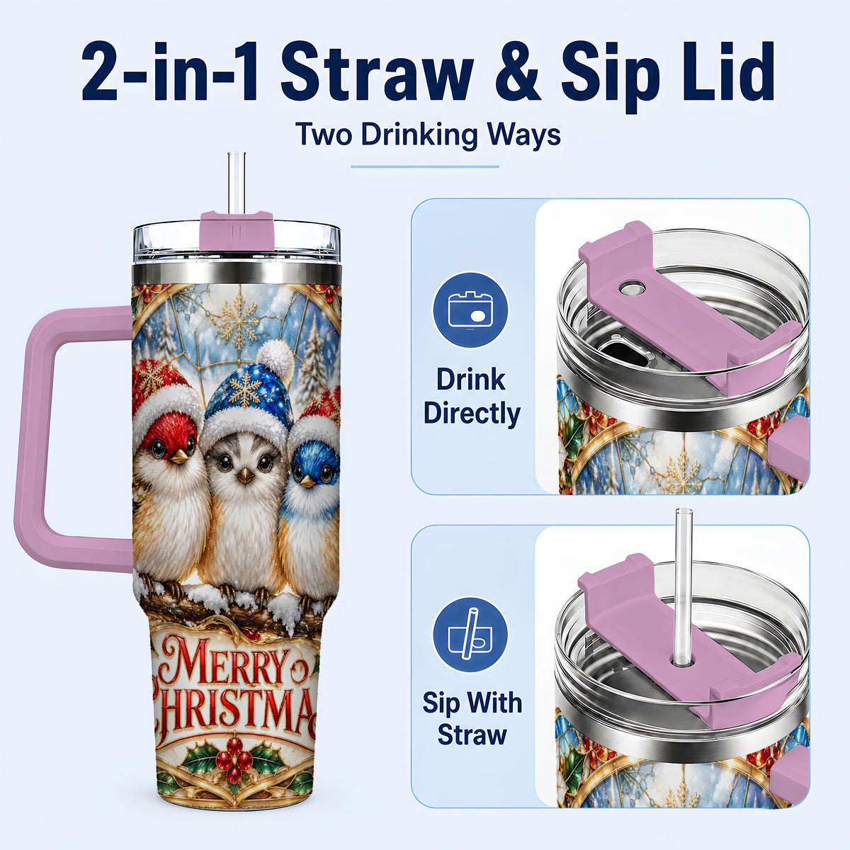 #pl[40oz|Pink] Merry Christmas Birds 40oz Tumbler with Handle, Stained Glass Style Cup