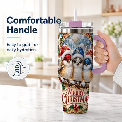 #pl[40oz|Pink] Merry Christmas Birds 40oz Tumbler with Handle, Stained Glass Style Cup