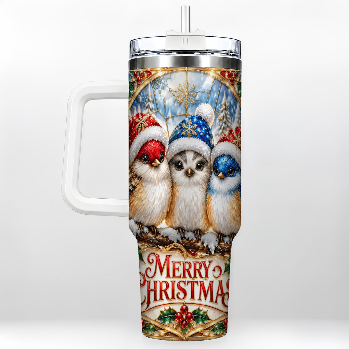 #pl[40oz|White] Merry Christmas Birds 40oz Tumbler with Handle, Stained Glass Style Cup