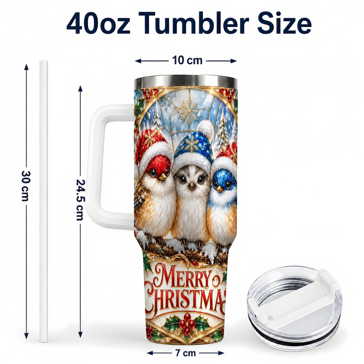 #pl[40oz|White] Merry Christmas Birds 40oz Tumbler with Handle, Stained Glass Style Cup