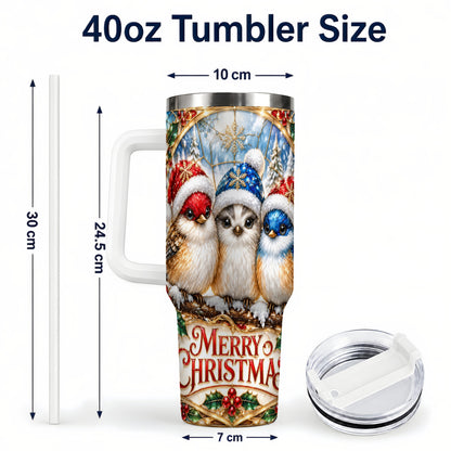 #pl[40oz|White] Merry Christmas Birds 40oz Tumbler with Handle, Stained Glass Style Cup