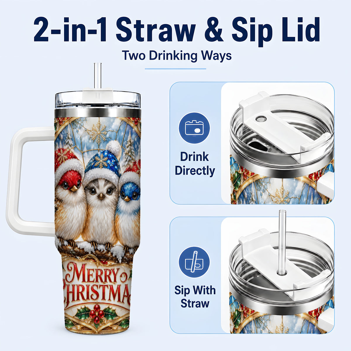 #pl[40oz|White] Merry Christmas Birds 40oz Tumbler with Handle, Stained Glass Style Cup