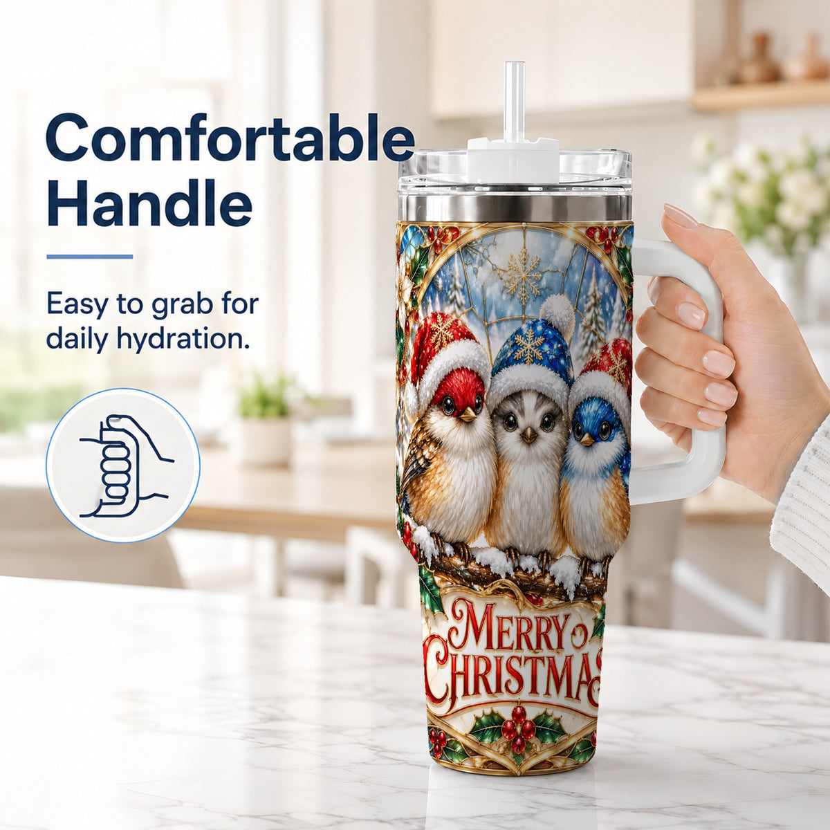 #pl[40oz|White] Merry Christmas Birds 40oz Tumbler with Handle, Stained Glass Style Cup