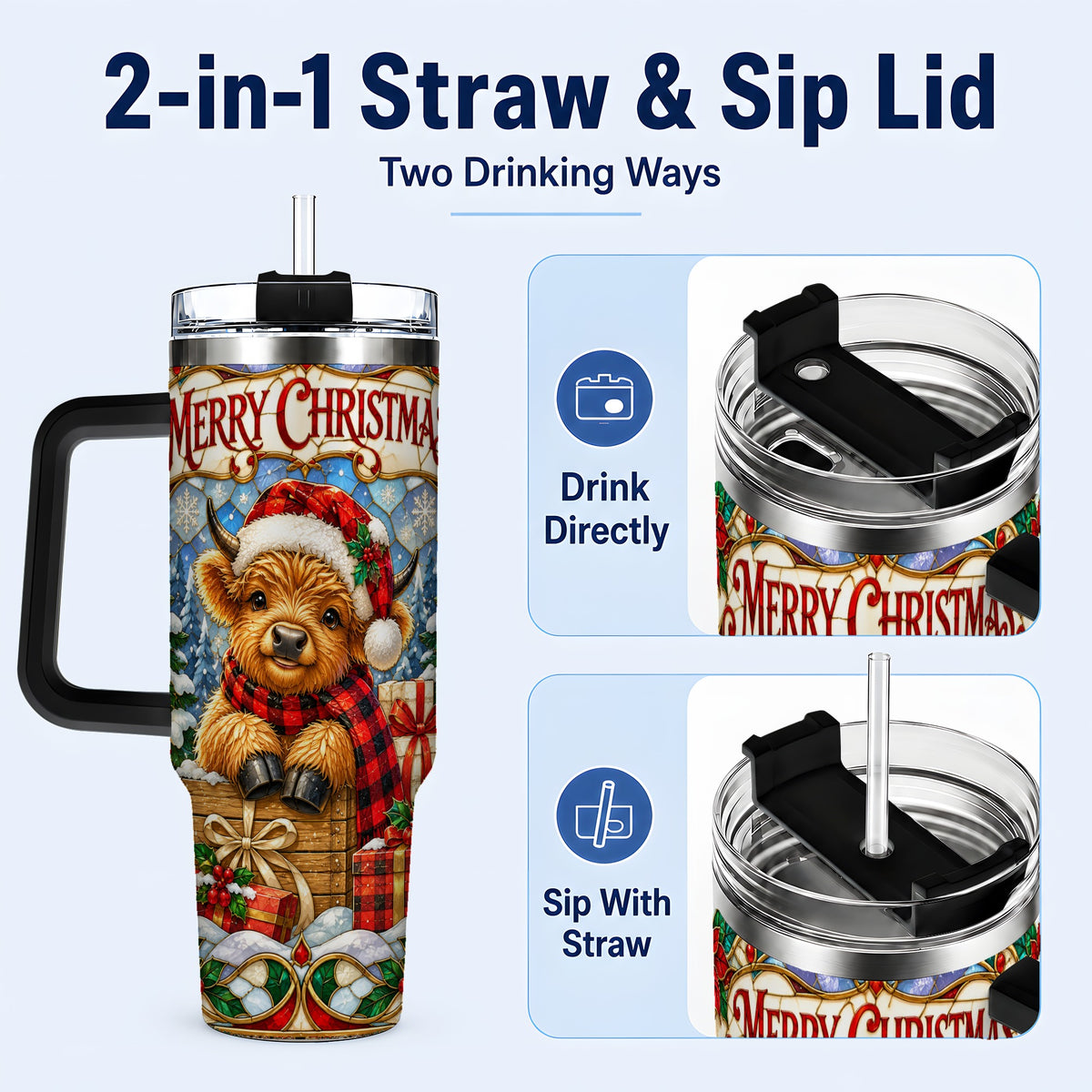 #pl[40oz|Black] Merry Christmas Cow 40oz Tumbler with Handle, Farm Holiday Travel Cup