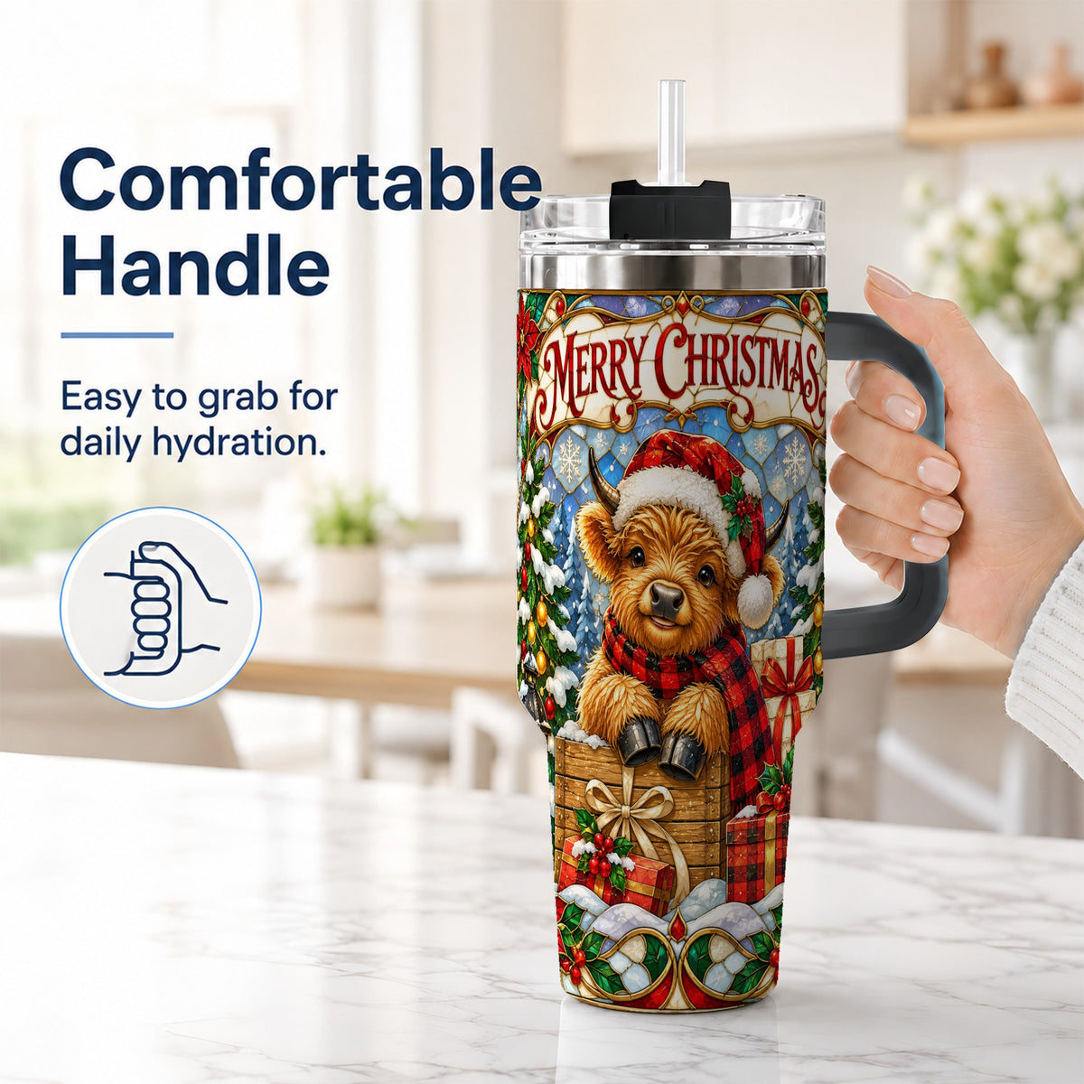 #pl[40oz|Black] Merry Christmas Cow 40oz Tumbler with Handle, Farm Holiday Travel Cup