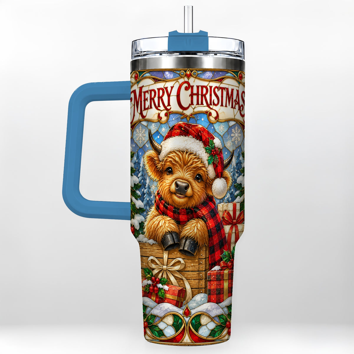 #pl[40oz|Blue] Merry Christmas Cow 40oz Tumbler with Handle, Farm Holiday Travel Cup