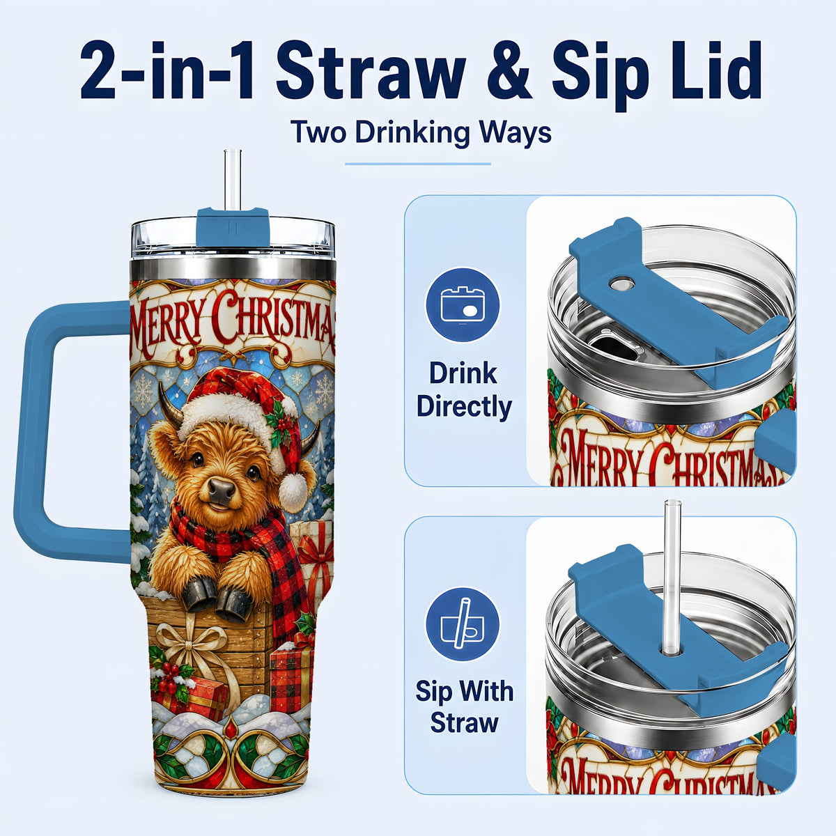 #pl[40oz|Blue] Merry Christmas Cow 40oz Tumbler with Handle, Farm Holiday Travel Cup