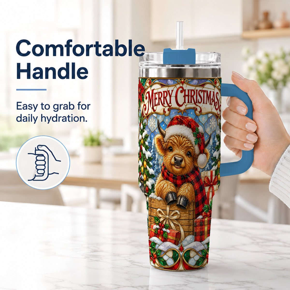 #pl[40oz|Blue] Merry Christmas Cow 40oz Tumbler with Handle, Farm Holiday Travel Cup