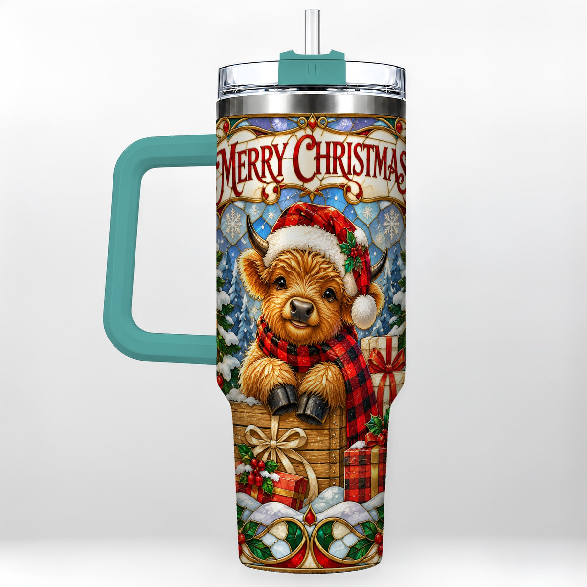 #pl[40oz|Green] Merry Christmas Cow 40oz Tumbler with Handle, Farm Holiday Travel Cup