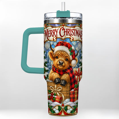 #pl[40oz|Green] Merry Christmas Cow 40oz Tumbler with Handle, Farm Holiday Travel Cup