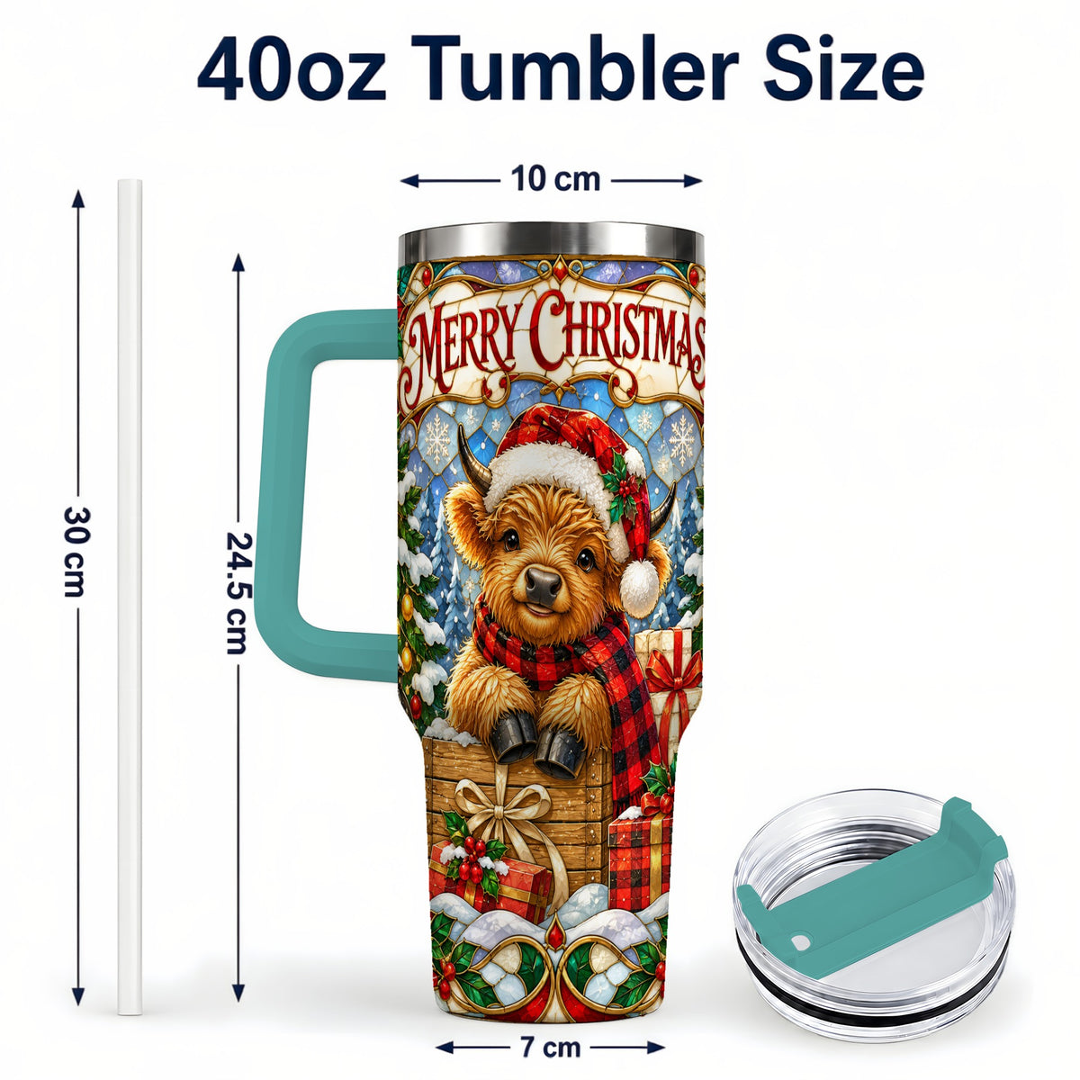 #pl[40oz|Green] Merry Christmas Cow 40oz Tumbler with Handle, Farm Holiday Travel Cup