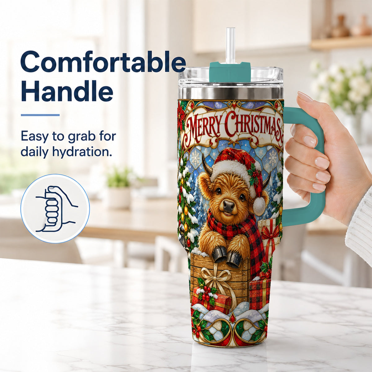 #pl[40oz|Green] Merry Christmas Cow 40oz Tumbler with Handle, Farm Holiday Travel Cup