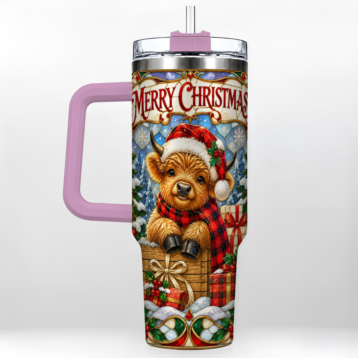 #pl[40oz|Pink] Merry Christmas Cow 40oz Tumbler with Handle, Farm Holiday Travel Cup