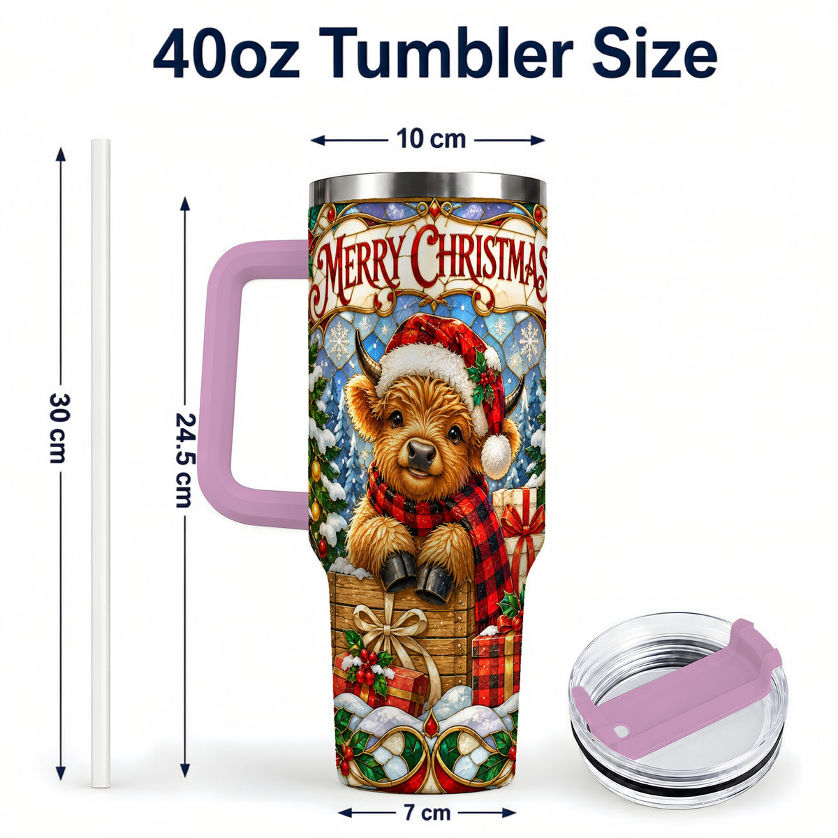 #pl[40oz|Pink] Merry Christmas Cow 40oz Tumbler with Handle, Farm Holiday Travel Cup