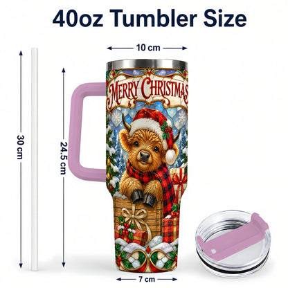 #pl[40oz|Pink] Merry Christmas Cow 40oz Tumbler with Handle, Farm Holiday Travel Cup