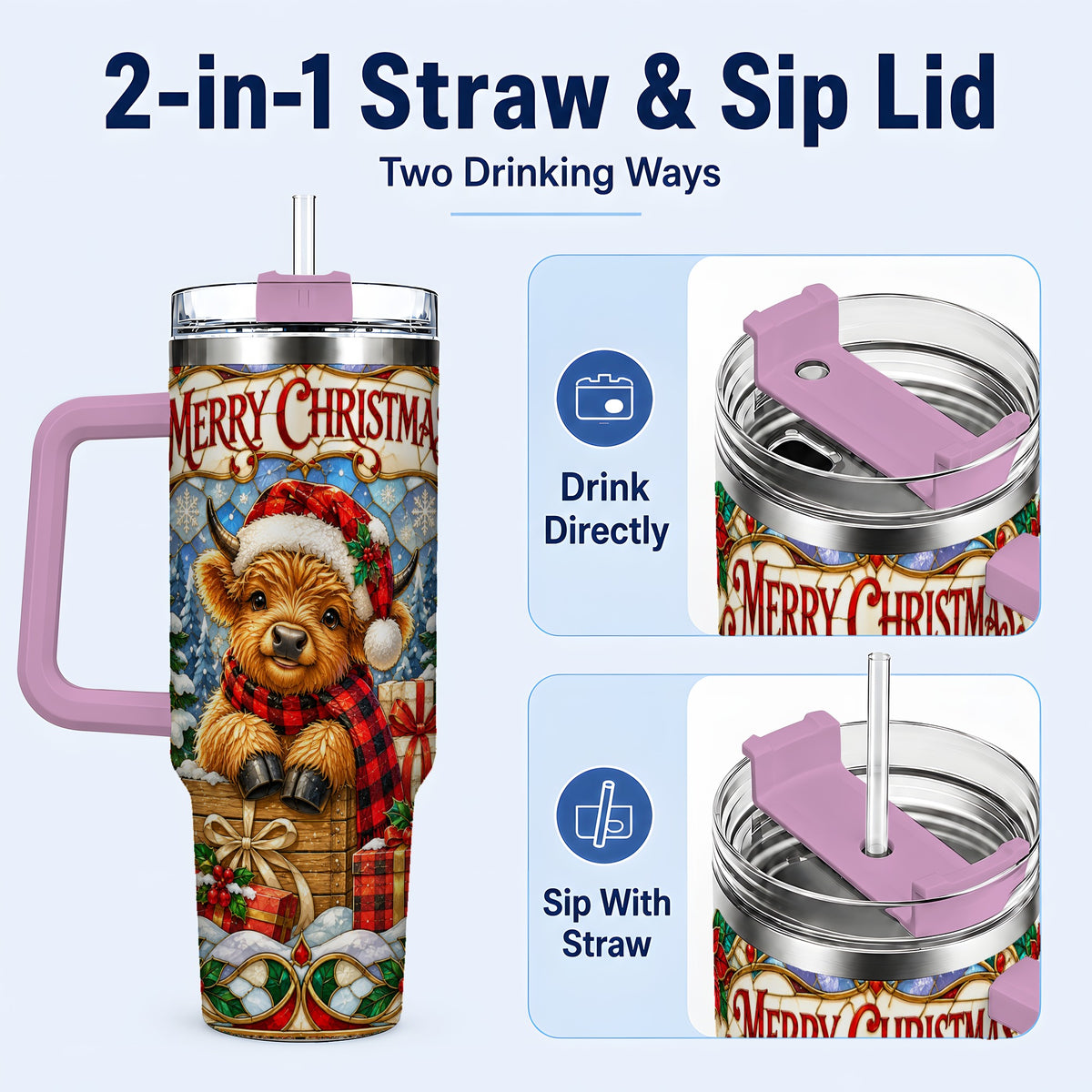 #pl[40oz|Pink] Merry Christmas Cow 40oz Tumbler with Handle, Farm Holiday Travel Cup