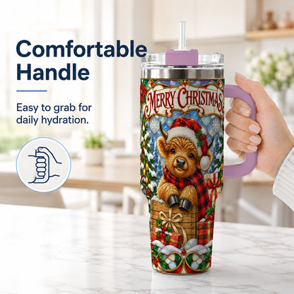 #pl[40oz|Pink] Merry Christmas Cow 40oz Tumbler with Handle, Farm Holiday Travel Cup