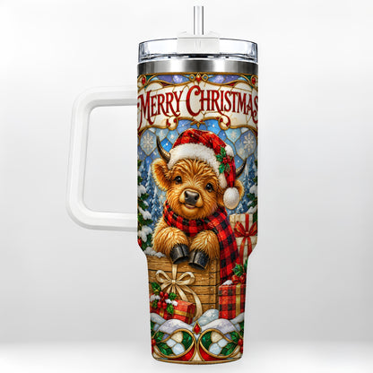 #pl[40oz|White] Merry Christmas Cow 40oz Tumbler with Handle, Farm Holiday Travel Cup