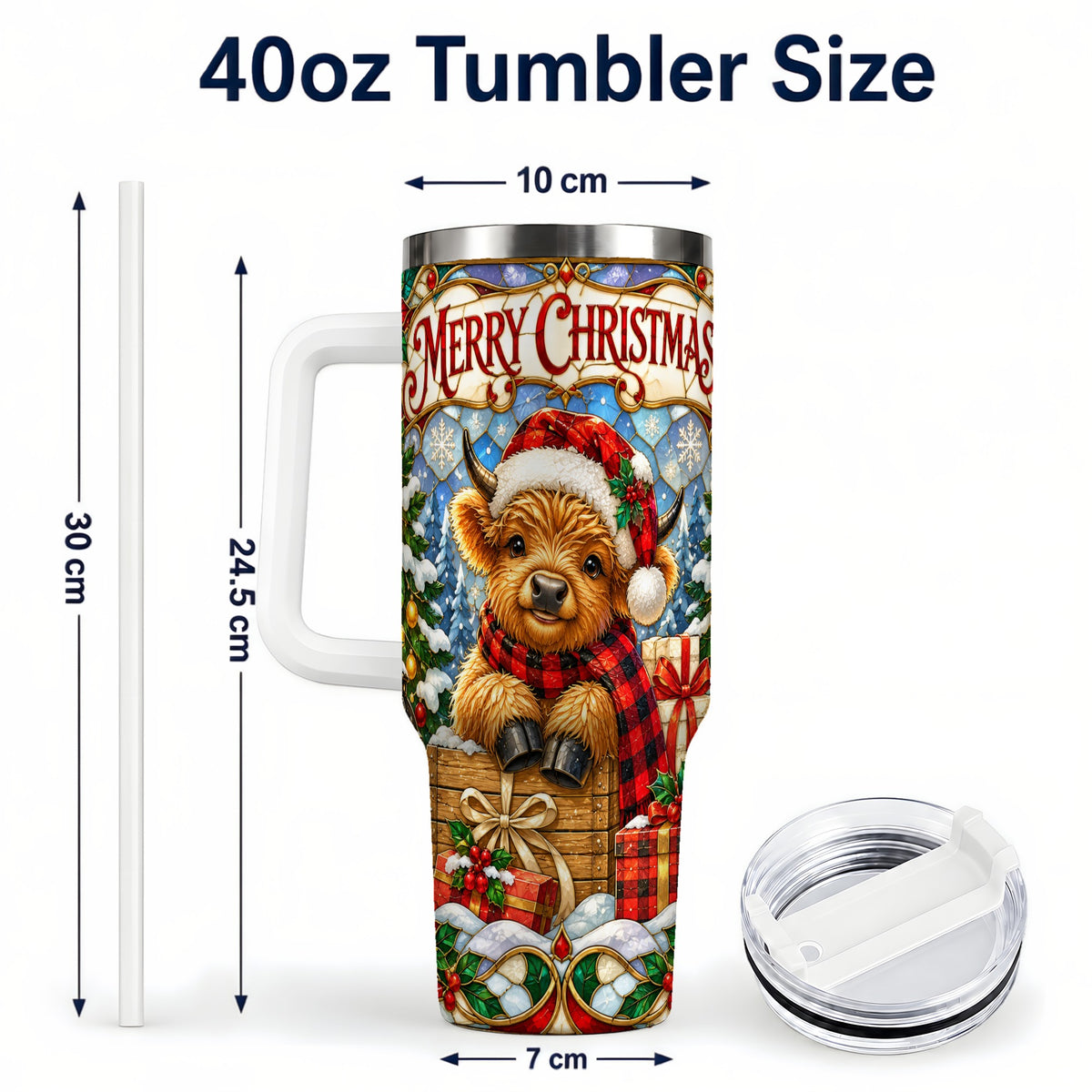#pl[40oz|White] Merry Christmas Cow 40oz Tumbler with Handle, Farm Holiday Travel Cup