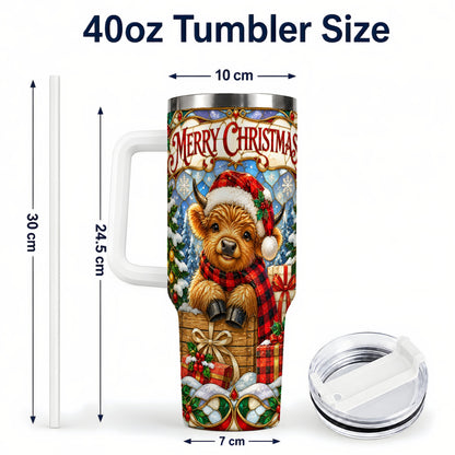 #pl[40oz|White] Merry Christmas Cow 40oz Tumbler with Handle, Farm Holiday Travel Cup