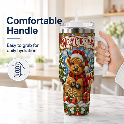 #pl[40oz|White] Merry Christmas Cow 40oz Tumbler with Handle, Farm Holiday Travel Cup