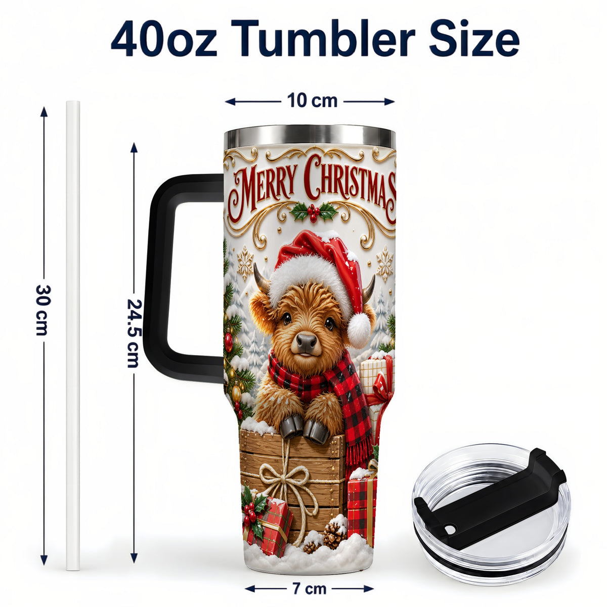 #pl[40oz|Black] Merry Christmas Cow 40oz Tumbler with Handle, Cozy Winter Travel Cup