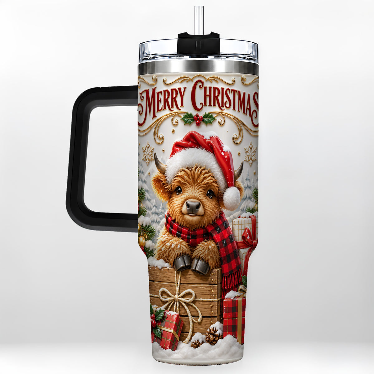 #pl[40oz|Black] Merry Christmas Cow 40oz Tumbler with Handle, Cozy Winter Travel Cup
