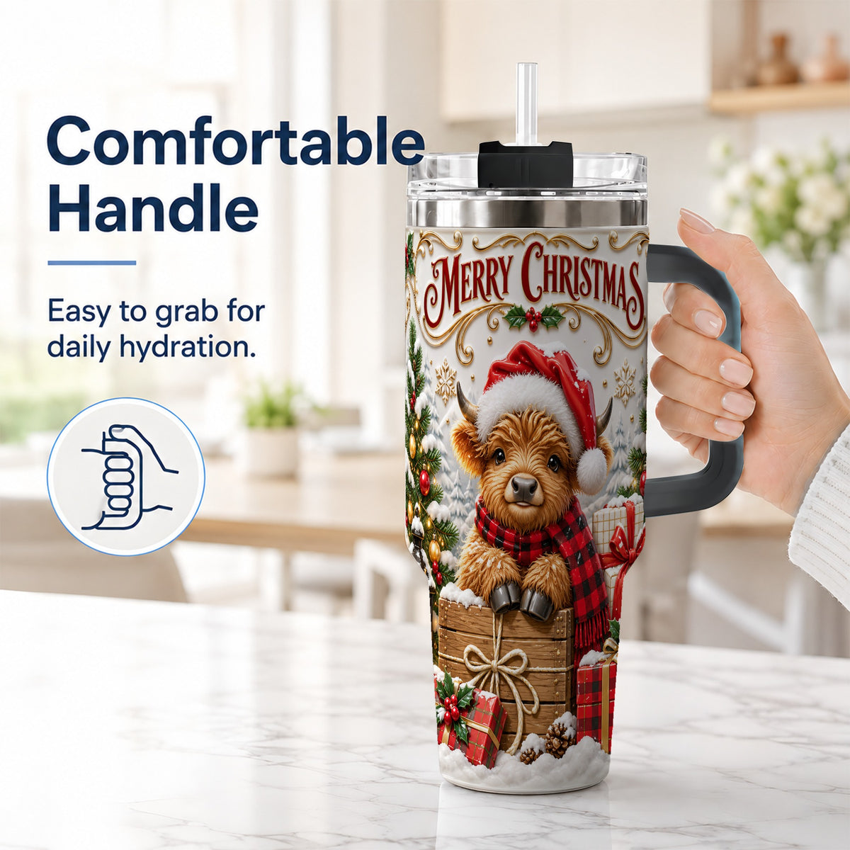 #pl[40oz|Black] Merry Christmas Cow 40oz Tumbler with Handle, Cozy Winter Travel Cup