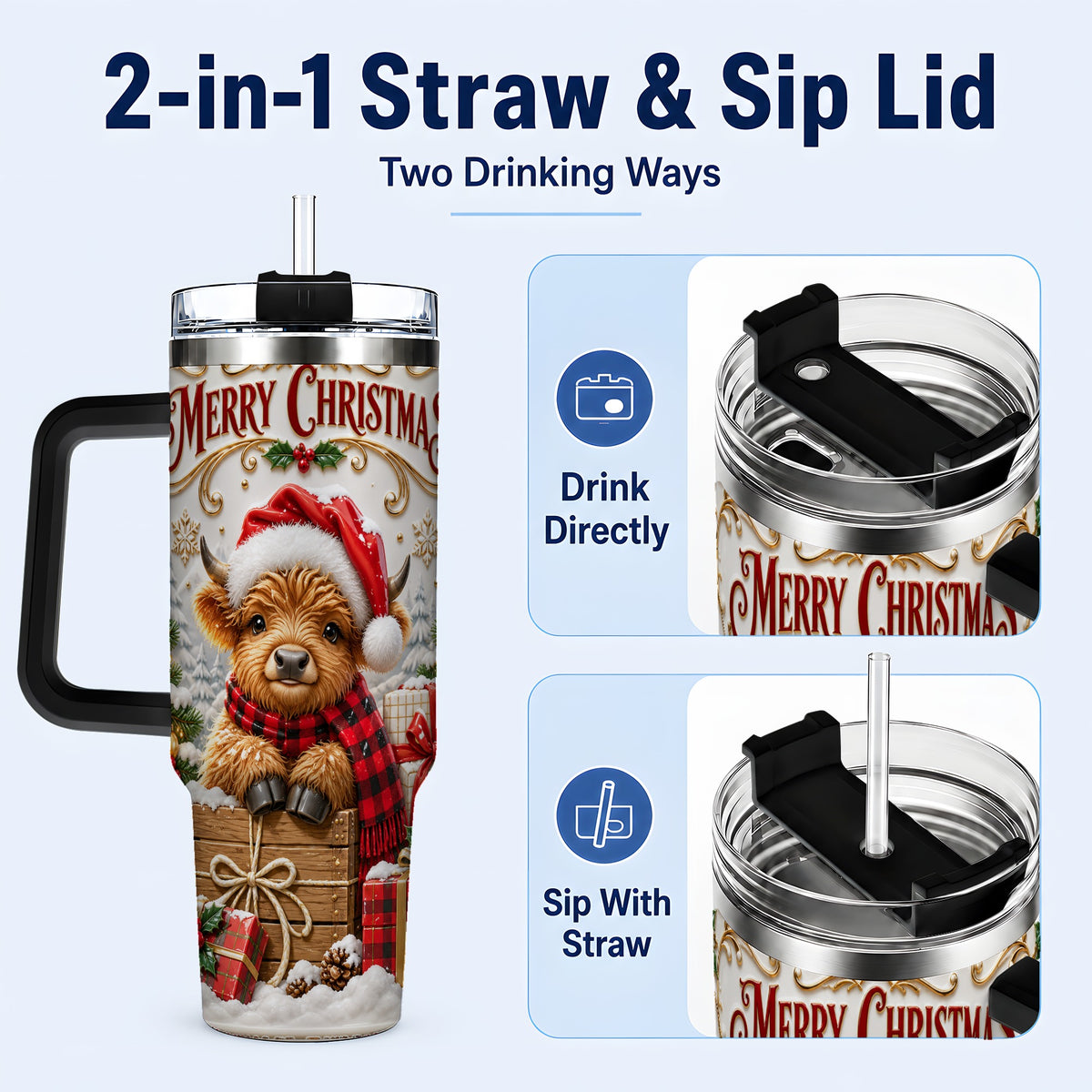#pl[40oz|Black] Merry Christmas Cow 40oz Tumbler with Handle, Cozy Winter Travel Cup