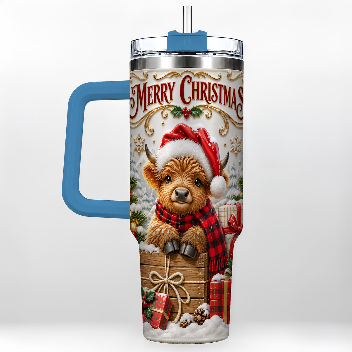 #pl[40oz|Blue] Merry Christmas Cow 40oz Tumbler with Handle, Cozy Winter Travel Cup