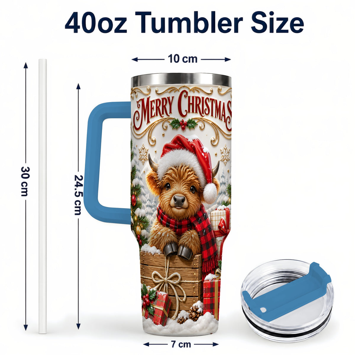 #pl[40oz|Blue] Merry Christmas Cow 40oz Tumbler with Handle, Cozy Winter Travel Cup