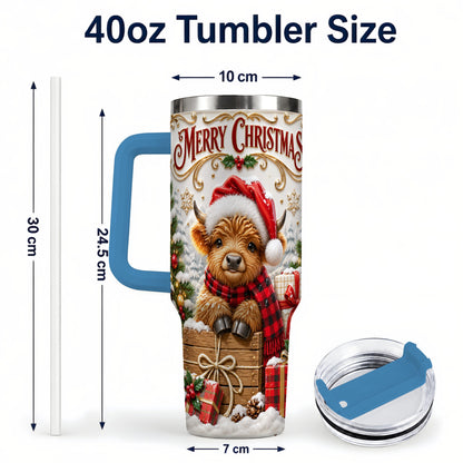 #pl[40oz|Blue] Merry Christmas Cow 40oz Tumbler with Handle, Cozy Winter Travel Cup