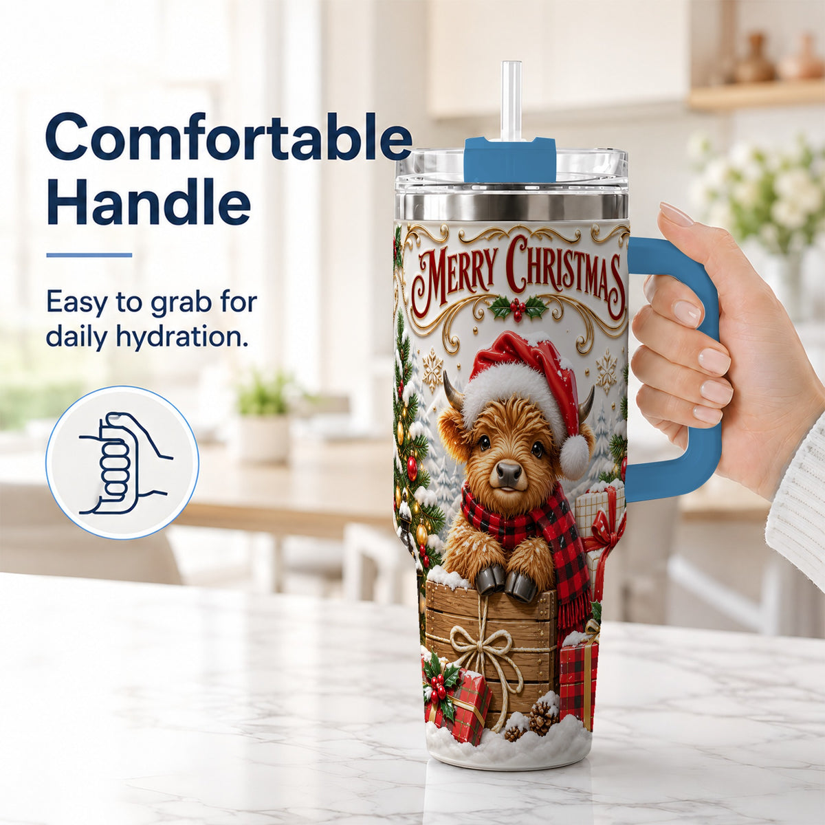 #pl[40oz|Blue] Merry Christmas Cow 40oz Tumbler with Handle, Cozy Winter Travel Cup