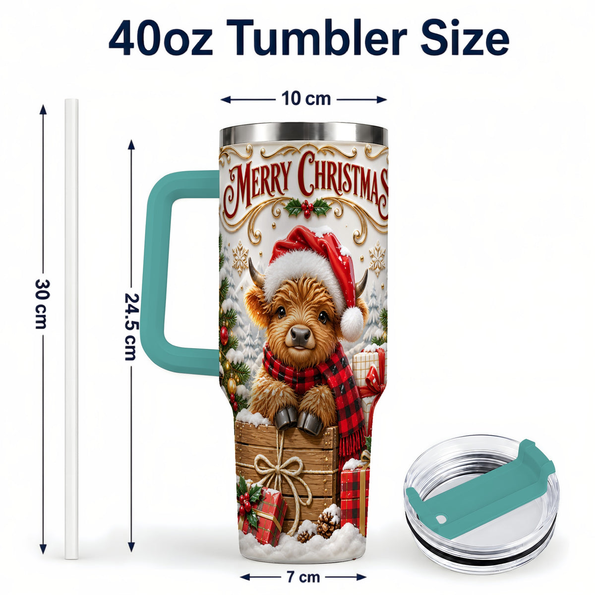 #pl[40oz|Green] Merry Christmas Cow 40oz Tumbler with Handle, Cozy Winter Travel Cup