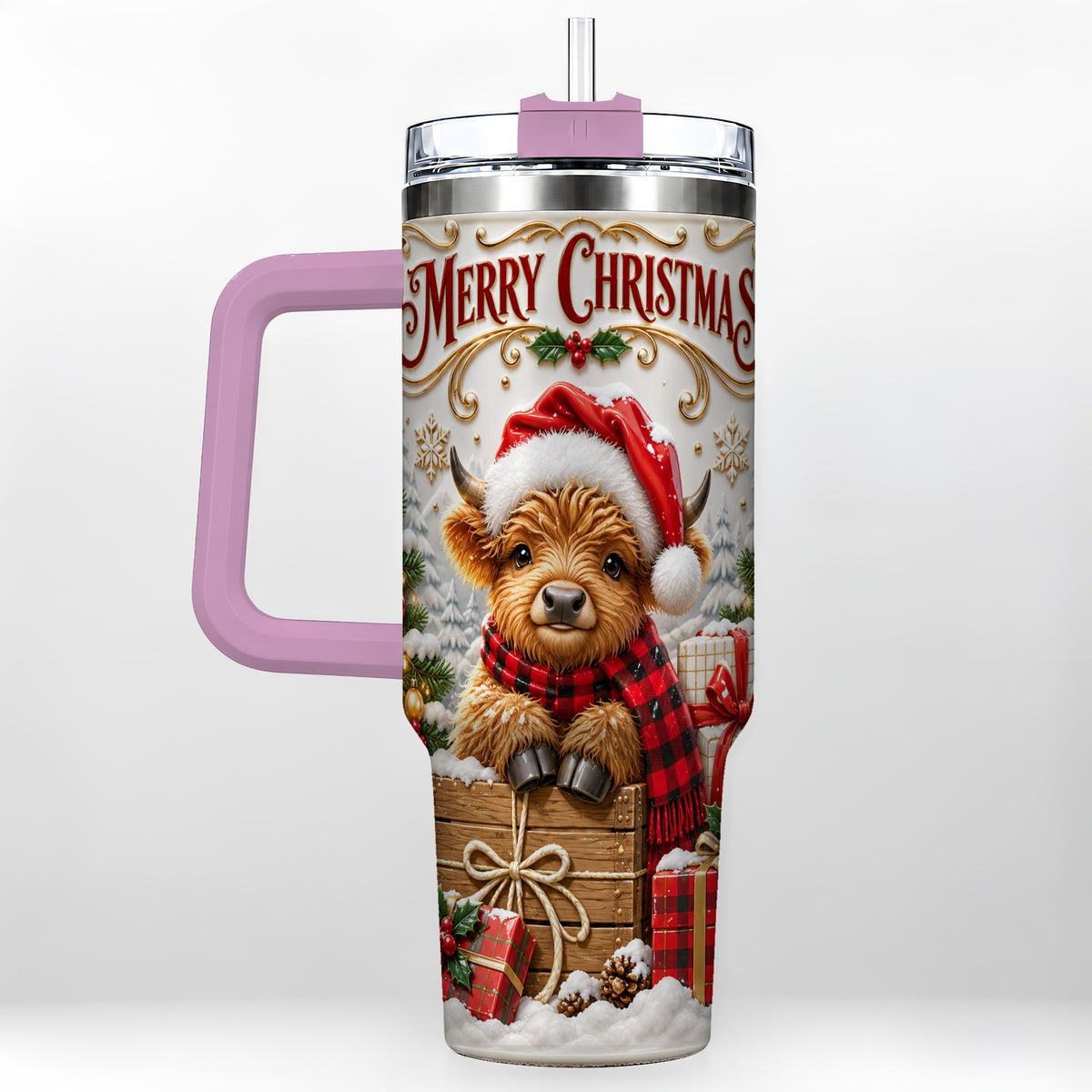#pl[40oz|Pink] Merry Christmas Cow 40oz Tumbler with Handle, Cozy Winter Travel Cup