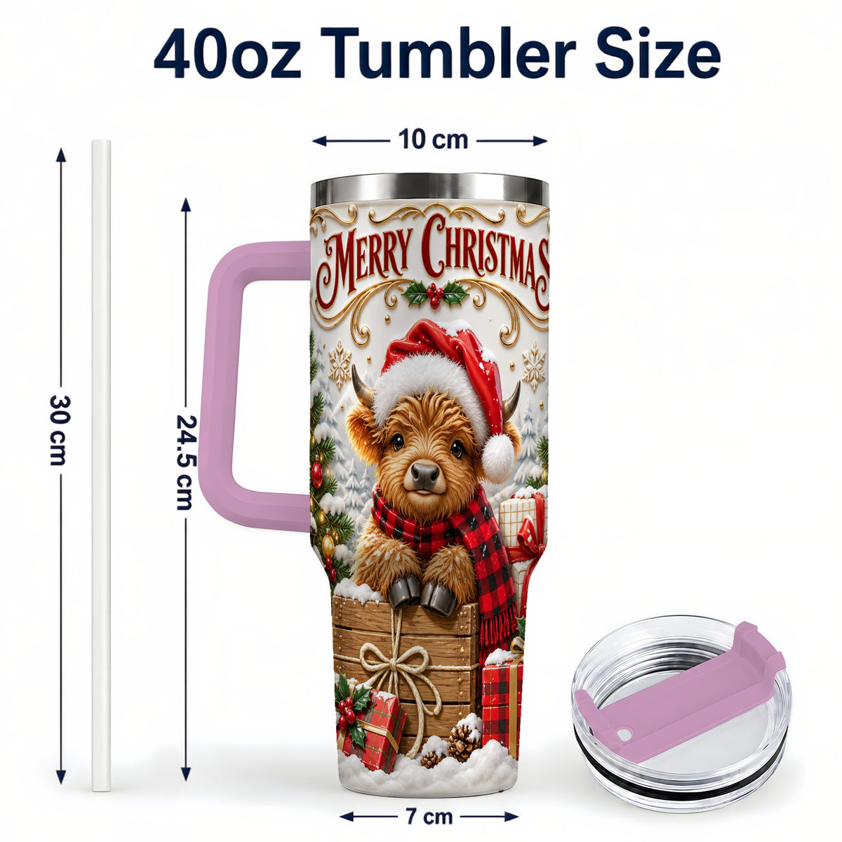 #pl[40oz|Pink] Merry Christmas Cow 40oz Tumbler with Handle, Cozy Winter Travel Cup