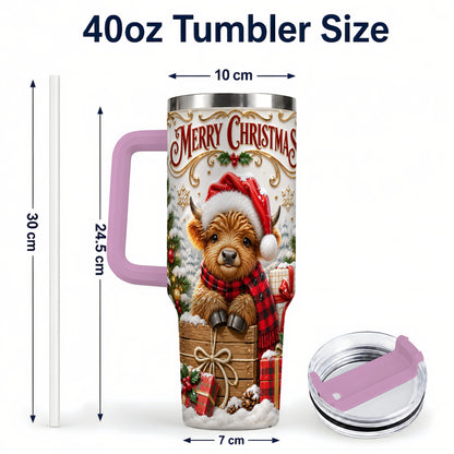 #pl[40oz|Pink] Merry Christmas Cow 40oz Tumbler with Handle, Cozy Winter Travel Cup