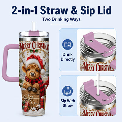 #pl[40oz|Pink] Merry Christmas Cow 40oz Tumbler with Handle, Cozy Winter Travel Cup