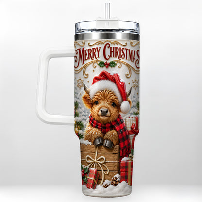 #pl[40oz|White] Merry Christmas Cow 40oz Tumbler with Handle, Cozy Winter Travel Cup