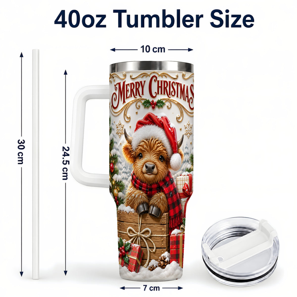 #pl[40oz|White] Merry Christmas Cow 40oz Tumbler with Handle, Cozy Winter Travel Cup