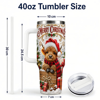 #pl[40oz|White] Merry Christmas Cow 40oz Tumbler with Handle, Cozy Winter Travel Cup