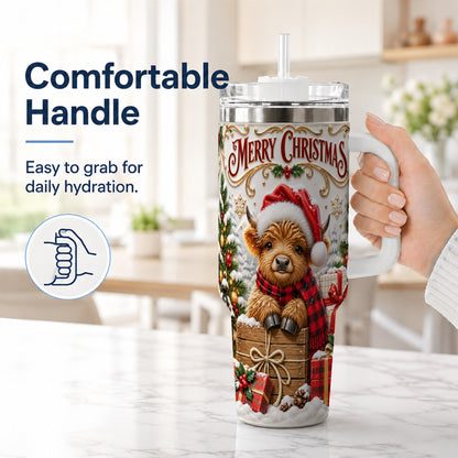 #pl[40oz|White] Merry Christmas Cow 40oz Tumbler with Handle, Cozy Winter Travel Cup