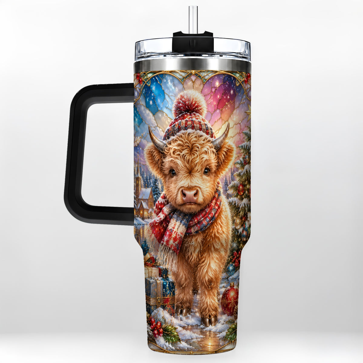 #pl[40oz|Black] Christmas Highland Cow 40oz Tumbler with Handle, Stained Glass Style