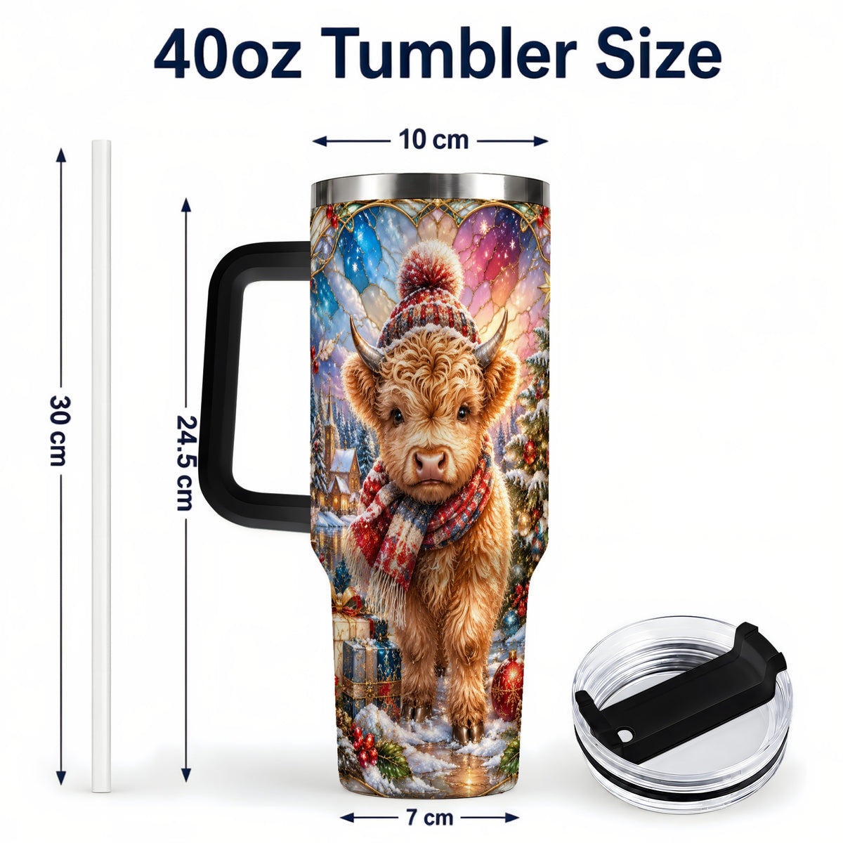 #pl[40oz|Black] Christmas Highland Cow 40oz Tumbler with Handle, Stained Glass Style