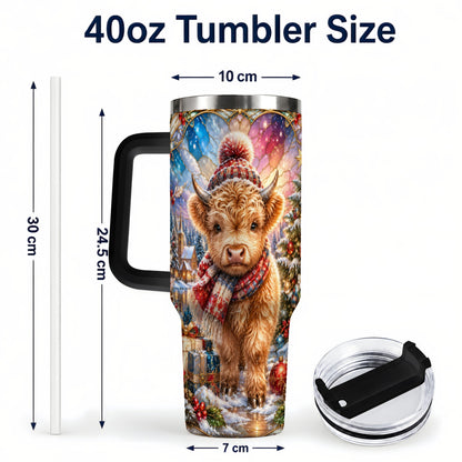 #pl[40oz|Black] Christmas Highland Cow 40oz Tumbler with Handle, Stained Glass Style