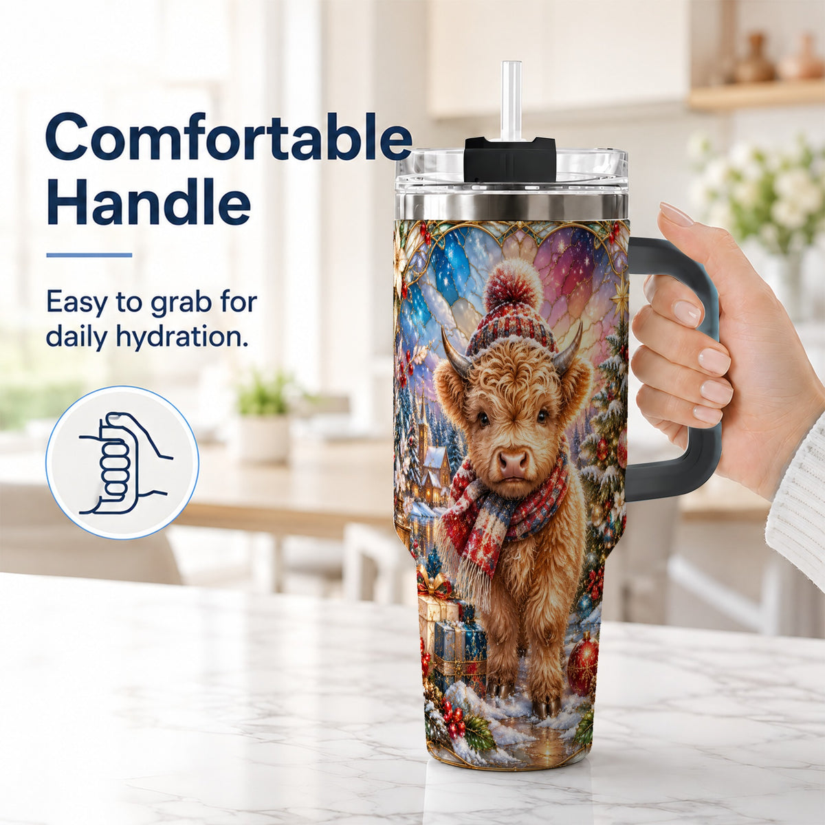 #pl[40oz|Black] Christmas Highland Cow 40oz Tumbler with Handle, Stained Glass Style